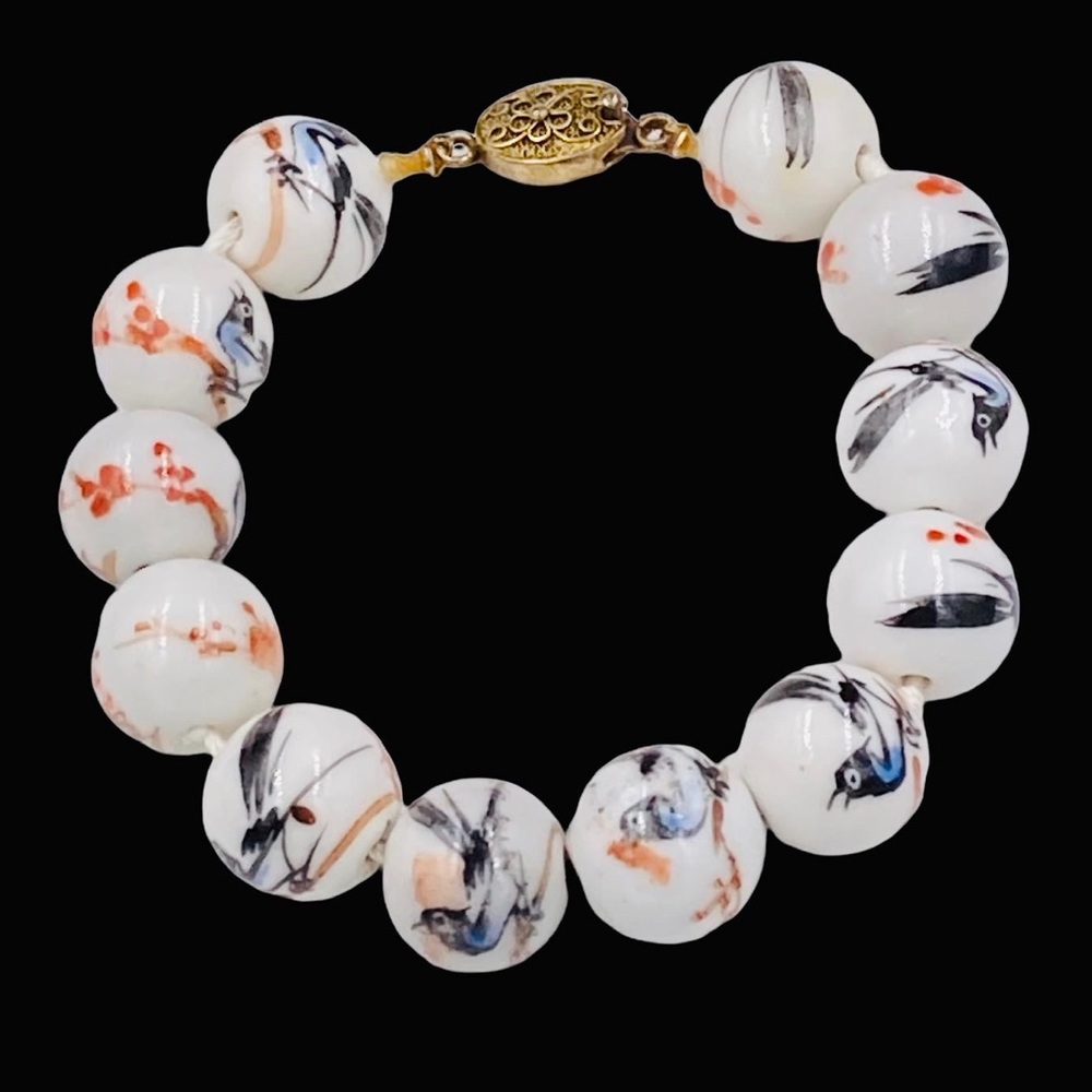Vintage Chinese Export Hand Painted Porcelain Bead Bracelet